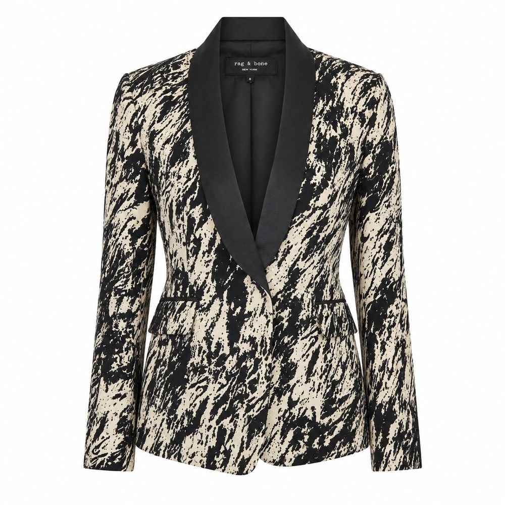 Rag & Bone Black White Abstract Marbled Wool‎ Blend Blazer Jacket Womens 8 USA